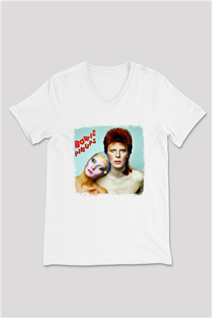 David Bowie Baskılı Unisex Beyaz V Yaka Tişört