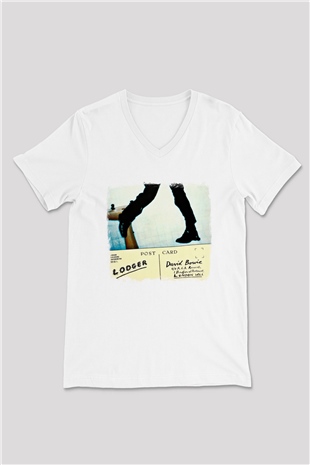 David Bowie Baskılı Unisex Beyaz V Yaka Tişört