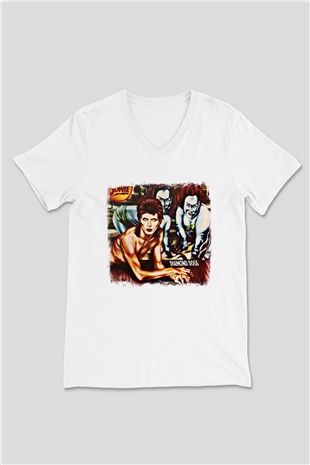 David Bowie Baskılı Unisex Beyaz V Yaka Tişört