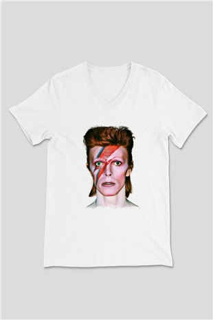 David Bowie Baskılı Unisex Beyaz V Yaka Tişört