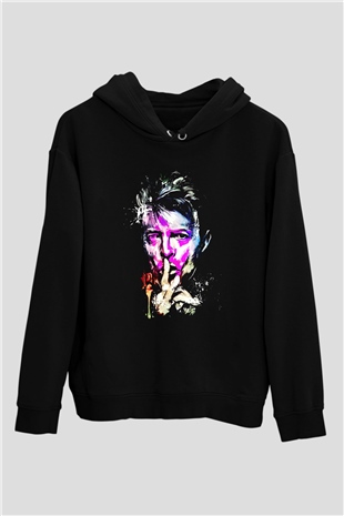 David Bowie Baskılı Unisex Siyah Kapüşonlu Sweatshirt