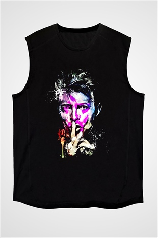 David Bowie Baskılı Unisex Siyah Kolsuz Tişört - Tshirt
