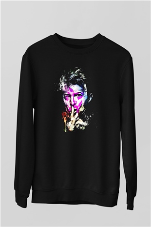 David Bowie Baskılı Unisex Siyah Sweatshirt