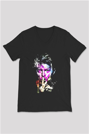 David Bowie Baskılı Unisex Siyah V Yaka Tişört - Tshirt