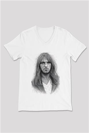 David Gilmour Baskılı Beyaz Unisex V Yaka Tişört - Tshirt