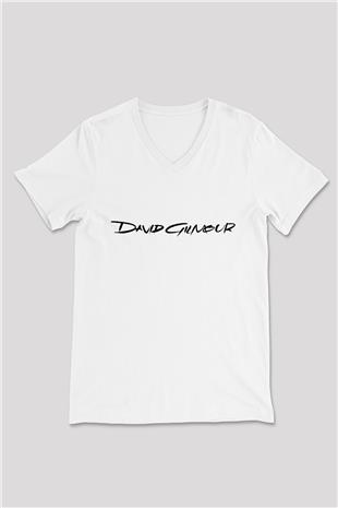 David Gilmour Baskılı Beyaz Unisex V Yaka Tişört - Tshirt
