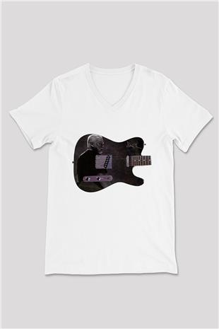 David Gilmour Baskılı Beyaz Unisex V Yaka Tişört - Tshirt