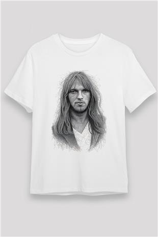 David Gilmour Baskılı Unisex Beyaz Tişört - Tshirt