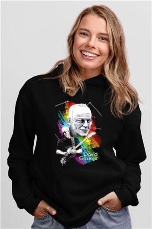 David Gilmour Baskılı Unisex Siyah Kapüşonlu Sweatshirt