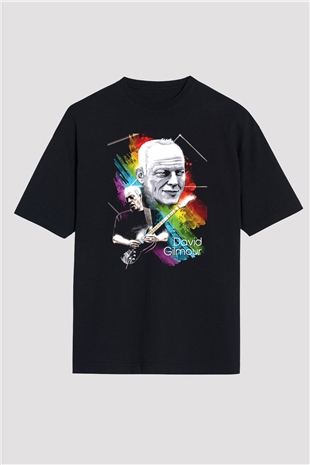 David Gilmour Baskılı Unisex Siyah Oversize Tişört - Tshirt