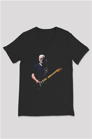 David Gilmour Baskılı Unisex Siyah V Yaka Tişört - Tshirt