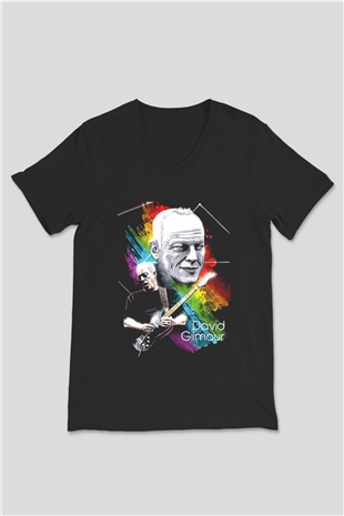 David Gilmour Baskılı Unisex Siyah V Yaka Tişört - Tshirt
