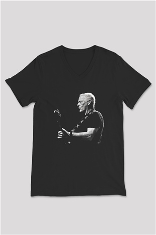 David Gilmour Baskılı Unisex Siyah V Yaka Tişört - Tshirt