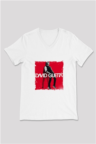 David Guetta Baskılı Beyaz V Yaka Unisex Tişört