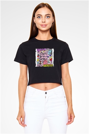 David Guetta Baskılı Crop Top Siyah Kadın Tişört