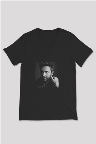 David Guetta Baskılı Unisex Siyah V Yaka Tişört