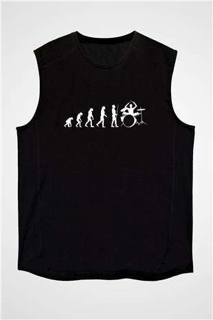 Davulcu Evrimi Baskılı Unisex Kolsuz Siyah Tişört - Tshirt