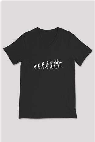 Davulcu Evrimi Baskılı Unisex V Yaka Siyah Tİşört - Tshirt