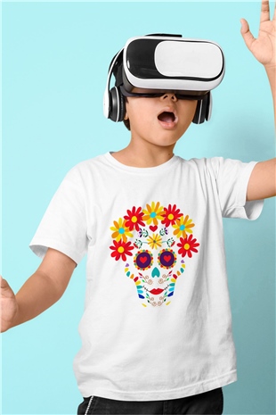 Day of the Dead Baskılı Beyaz Unisex Çocuk Tişört