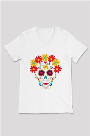 Day of the Dead Beyaz Unisex V Yaka Tişört