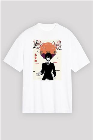 Dazai Baskılı Beyaz Unisex Oversize Tişört - Tshirt