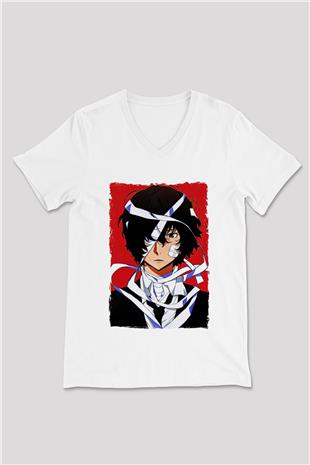 Dazai Baskılı Beyaz Unisex V Yaka Tişört - Tshirt