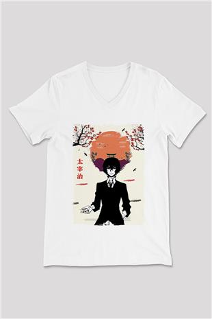 Dazai Baskılı Beyaz Unisex V Yaka Tişört - Tshirt