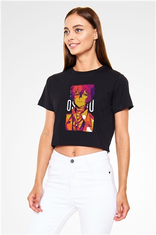Dazai Baskılı Siyah Crop Top Kadın Tişört - Tshirt