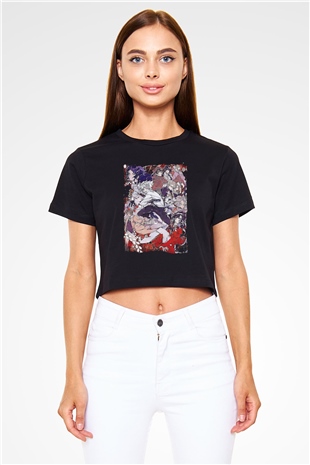 Dazai Baskılı Siyah Crop Top Kadın Tişört - Tshirt