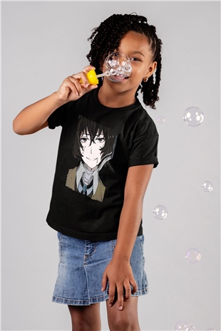 Dazai Baskılı Unisex Siyah Çocuk Tişört - Tshirt
