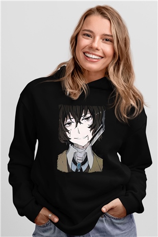 Dazai Baskılı Unisex Siyah Hoodie