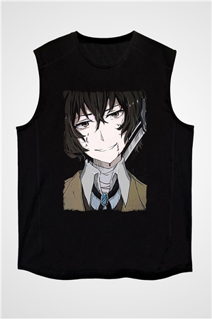 Dazai Baskılı Unisex Siyah Kolsuz Tişört - Tshirt