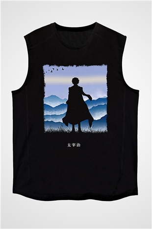 Dazai Baskılı Unisex Siyah Kolsuz Tişört - Tshirt