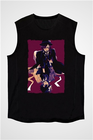 Dazai Baskılı Unisex Siyah Kolsuz Tişört - Tshirt