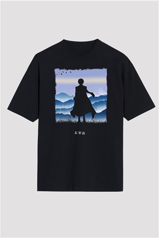 Dazai Baskılı Unisex Siyah Oversize Tişört - Tshirt