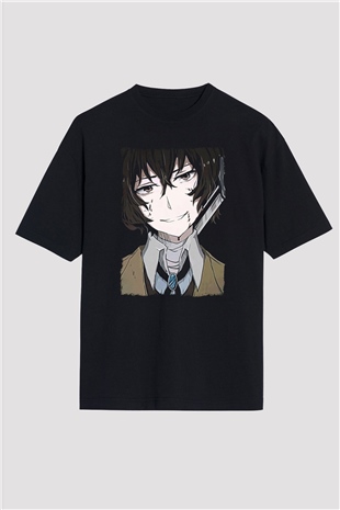 Dazai Baskılı Unisex Siyah Oversize Tişört - Tshirt