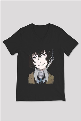 Dazai Baskılı Unisex Siyah V Yaka Tişört - Tshirt