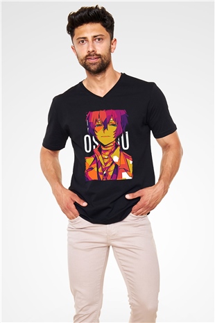 Dazai Baskılı Unisex Siyah V Yaka Tişört - Tshirt