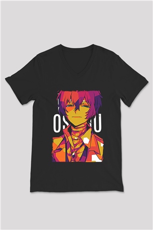 Dazai Baskılı Unisex Siyah V Yaka Tişört - Tshirt