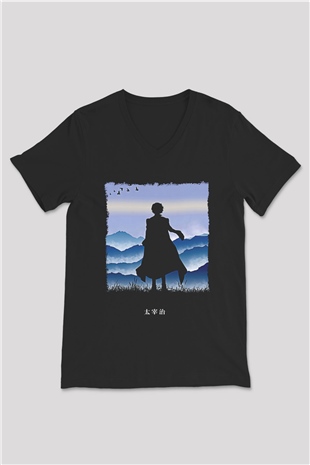 Dazai Baskılı Unisex Siyah V Yaka Tişört - Tshirt