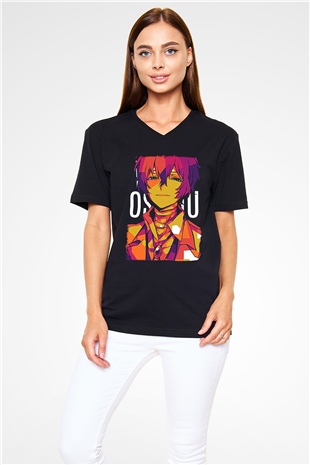 Dazai Baskılı Unisex Siyah V Yaka Tişört - Tshirt
