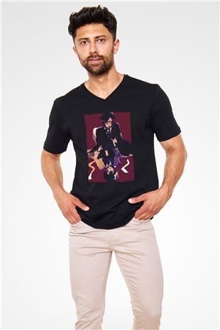 Dazai Baskılı Unisex Siyah V Yaka Tişört - Tshirt