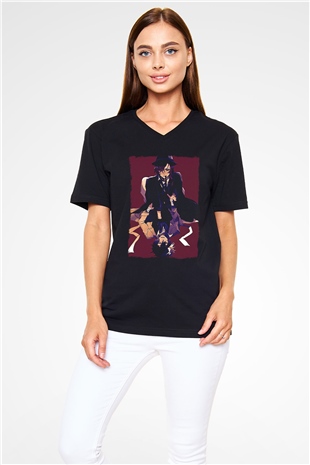 Dazai Baskılı Unisex Siyah V Yaka Tişört - Tshirt