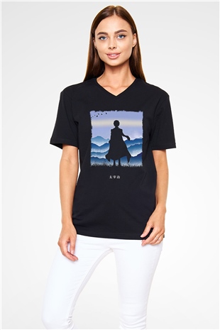 Dazai Baskılı Unisex Siyah V Yaka Tişört - Tshirt