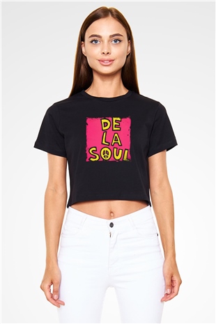 De La Soul Baskılı Crop Top Siyah Kadın Tişört