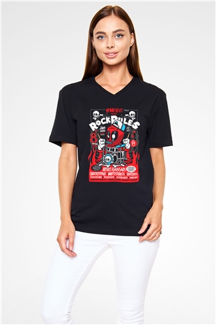 Dead Rock Poster Baskılı Unisex Siyah V Yaka Tişört