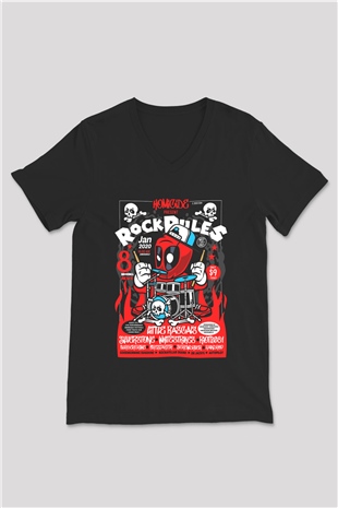 Dead Rock Poster Baskılı Unisex Siyah V Yaka Tişört