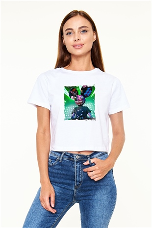 Deadmau5 Baskılı Beyaz Kadın Crop Top Tişört