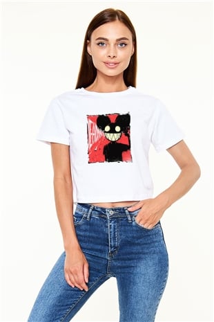 Deadmau5 Baskılı Beyaz Kadın Crop Top Tişört