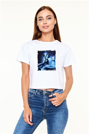 Deadmau5 Baskılı Beyaz Kadın Crop Top Tişört